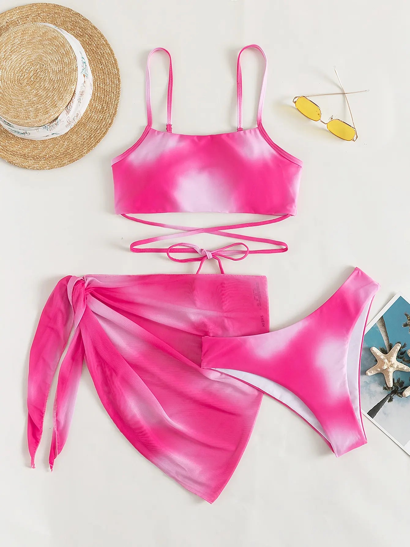 3 Pieces Ombre Lace Up Bikini Swimsuit & Beach Skirt